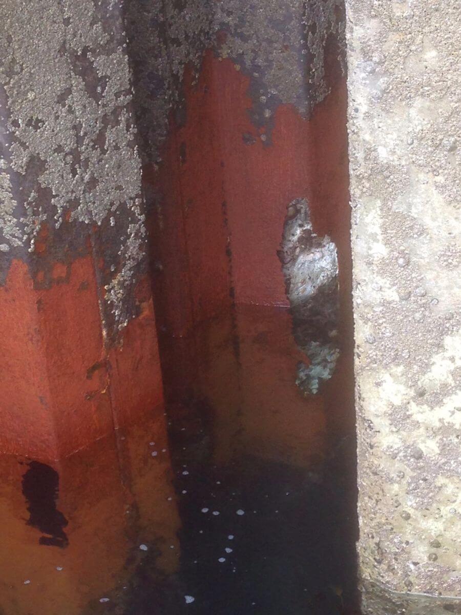 Shows holes in piles after pressure washing area clean for repairs